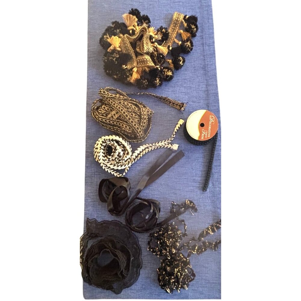 VTG Black Assorted Decorative Trim Lace & Ribbon Set Lingerie Crafts Totes